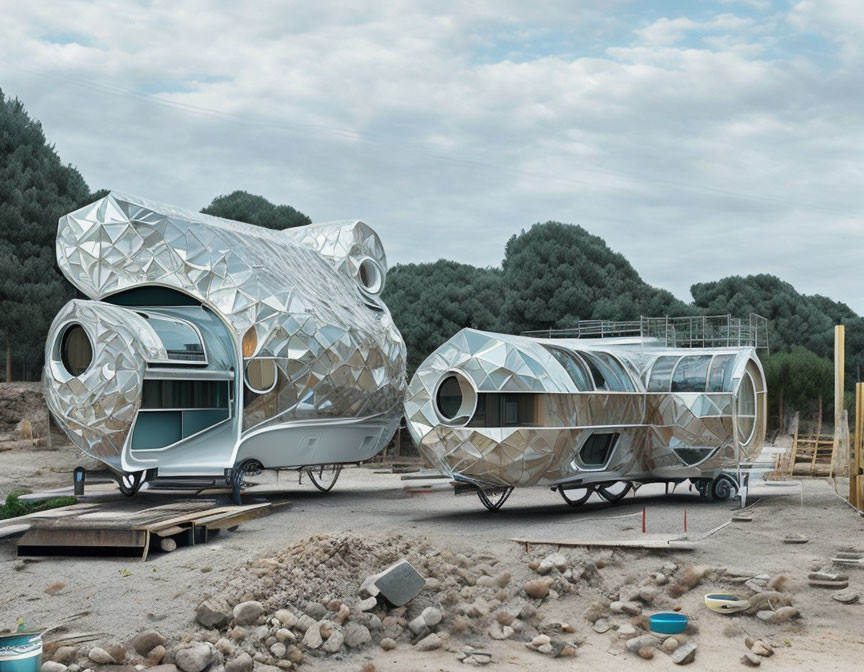 Futuristic metallic trailers with geometric designs on unfinished site