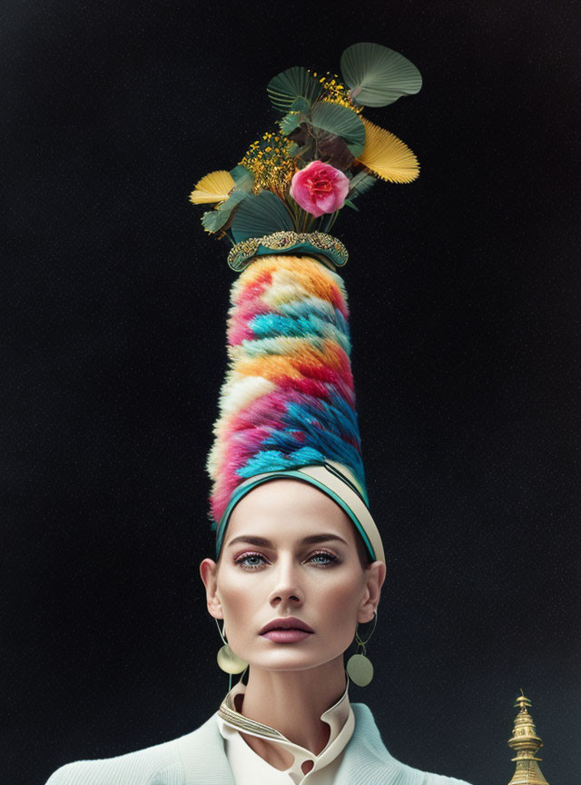 Extravagant rainbow hairpiece adorned with flowers on woman