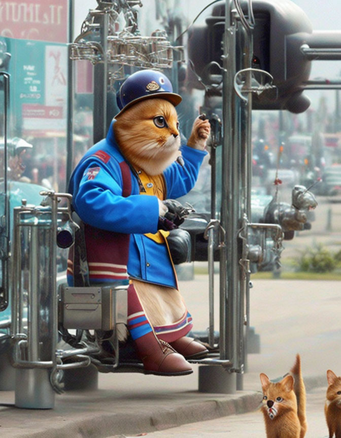 Anthropomorphic Cat in Blue Uniform at Bus Stop