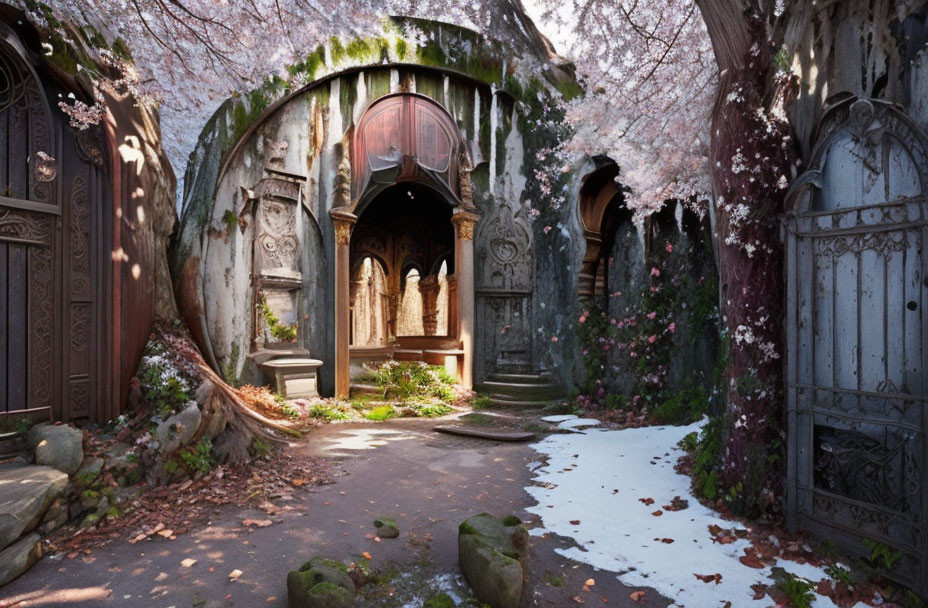 Gothic stone arch and cherry trees in snow-covered garden