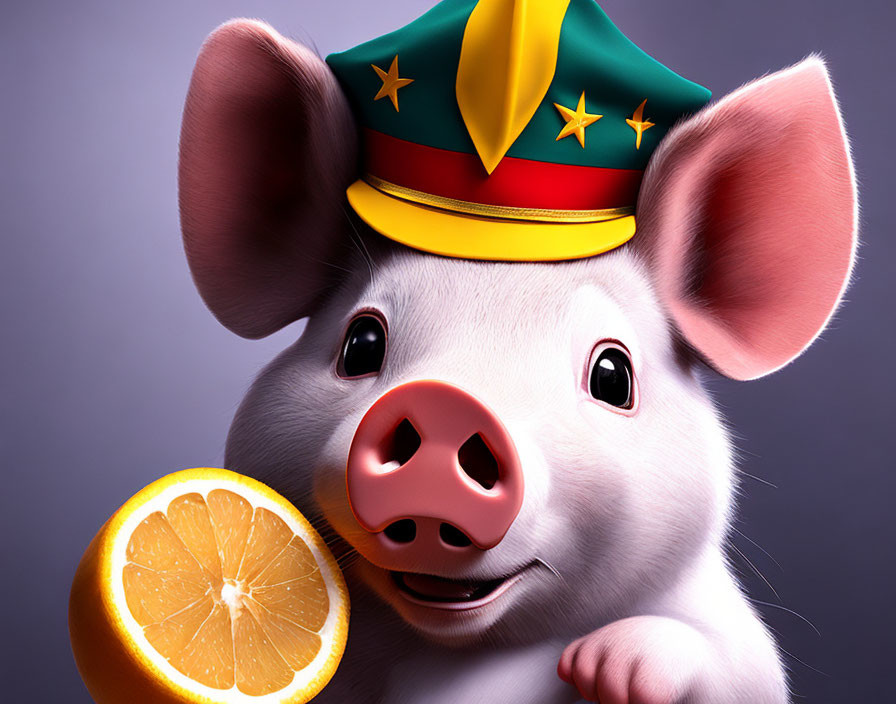 Smiling animated pig with green and yellow hat holding sliced orange