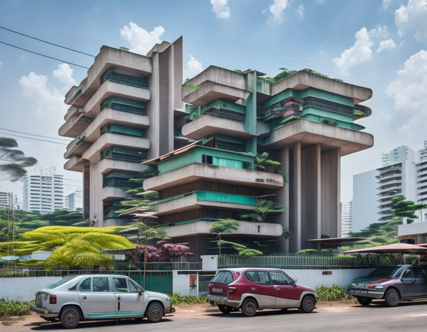 Brutalist-style building with layered balconies, greenery, and parked cars under cloudy sky