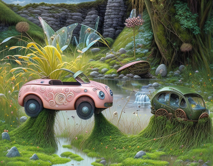 Whimsical Cars with Grass Wheels in Fantastical Landscape