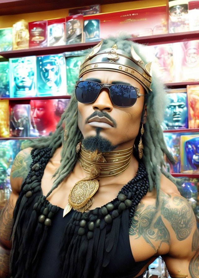 Person with Sunglasses, Headband, Necklaces, and Tattoos Against Colorful Graphic Backdrop