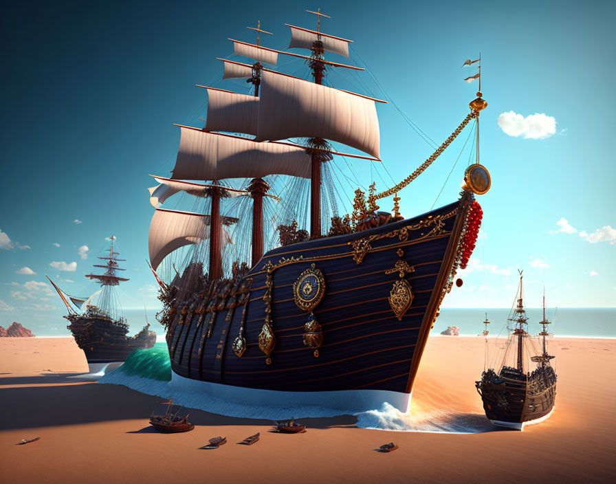 Sailing ship stranded in desert with smaller ships under clear sky