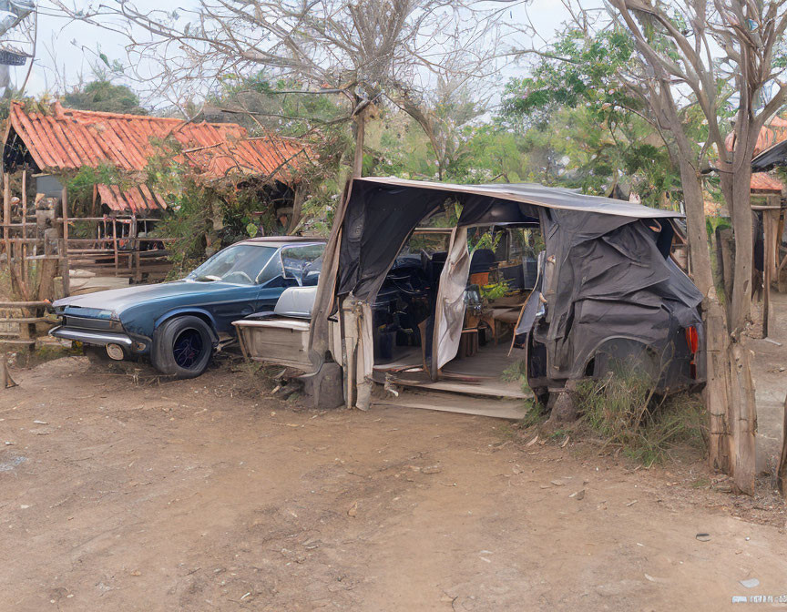 Dilapidated shed and old car in rustic outdoor scene