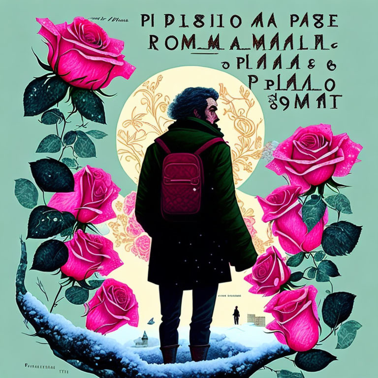 Red backpack person surrounded by roses and mirrored text on teal background in snowy scene