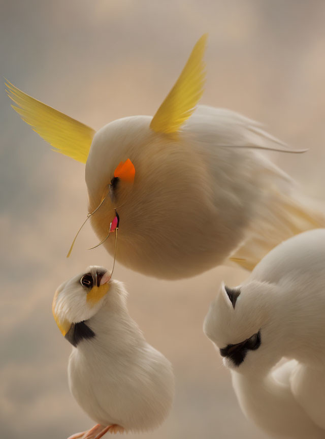 Stylized birds with yellow crests and cheeks, one holding a twig, in soft-focus scene