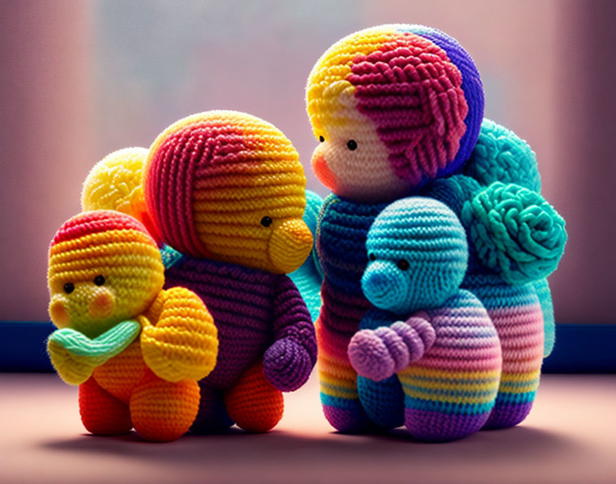 Vibrant knitted toy family with parent and children in soft focus and warm lighting