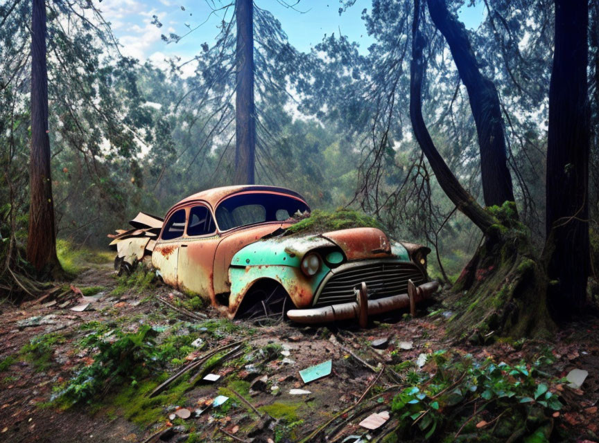 Abandoned rusty car in misty forest with tall trees