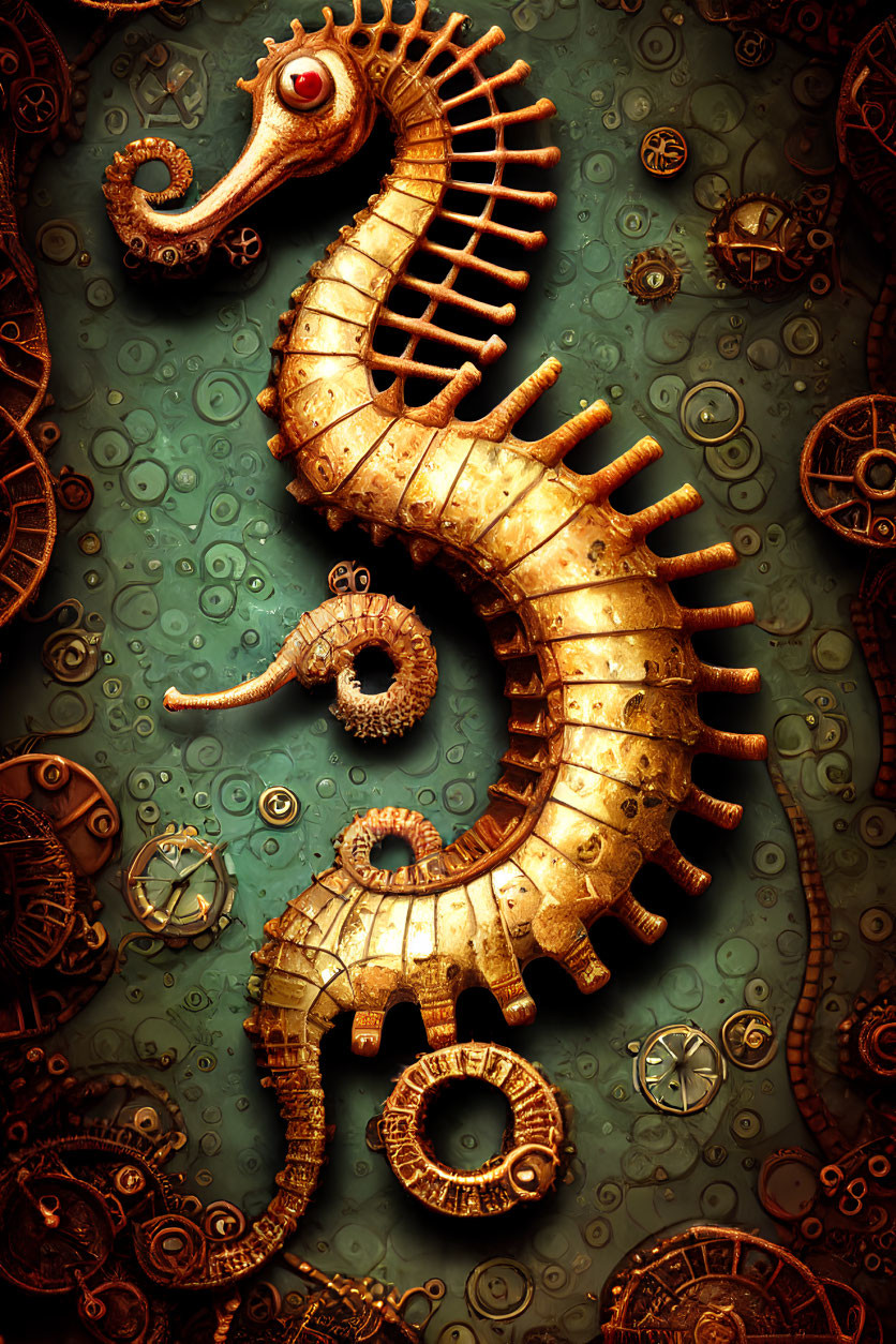 Steampunk Metallic Seahorse Art with Cog and Gear Details