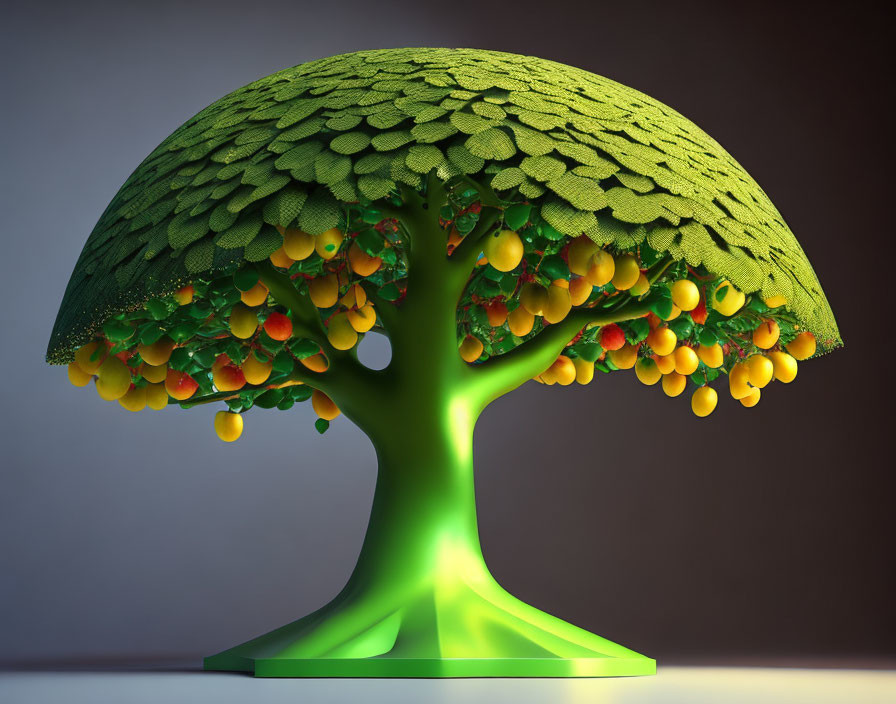 3D-rendered tree with green canopy and orange fruits on gradient background