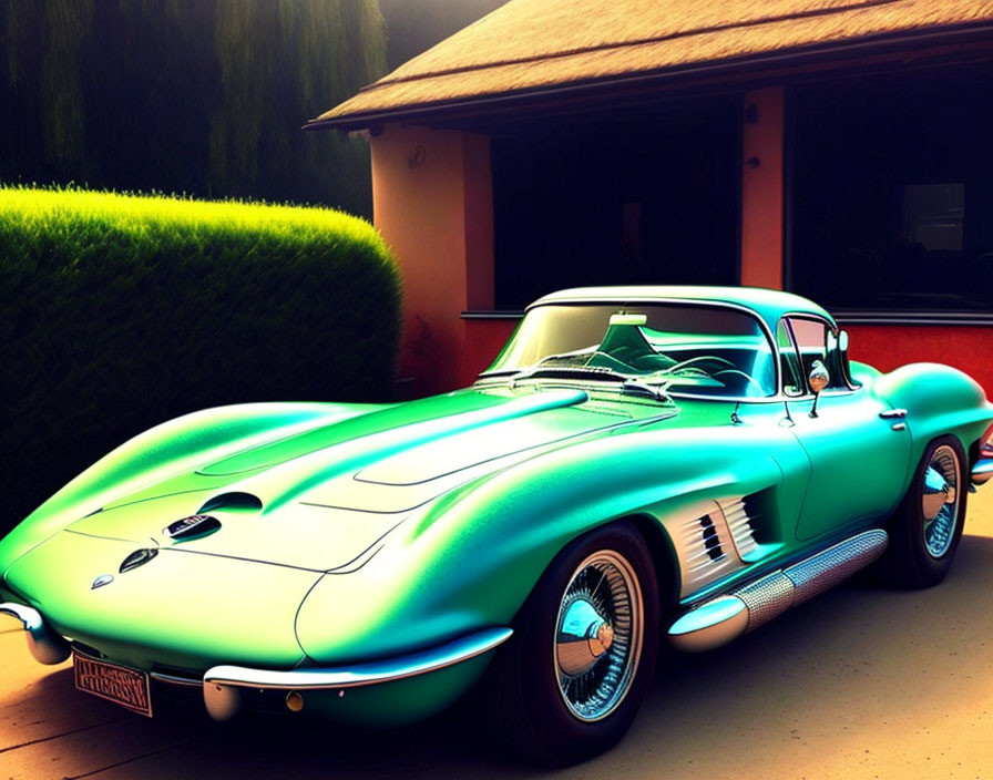 Turquoise Classic Convertible Car Parked in Front of Garage