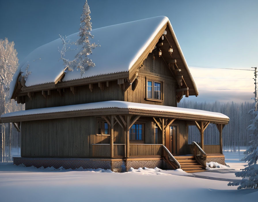 Snow-covered wooden cabin in serene winter landscape at blue hour