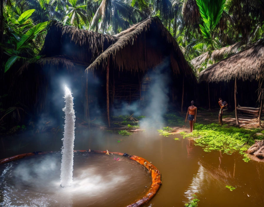 Traditional village scene with huts, lush greenery, and water fountain eruption.