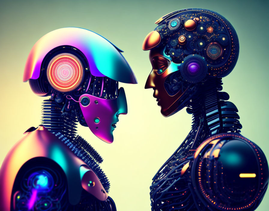 Futuristic robotic heads with intricate designs and vibrant neon colors