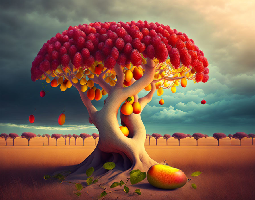 Whimsical tree with bending trunk and red clusters against dusk sky