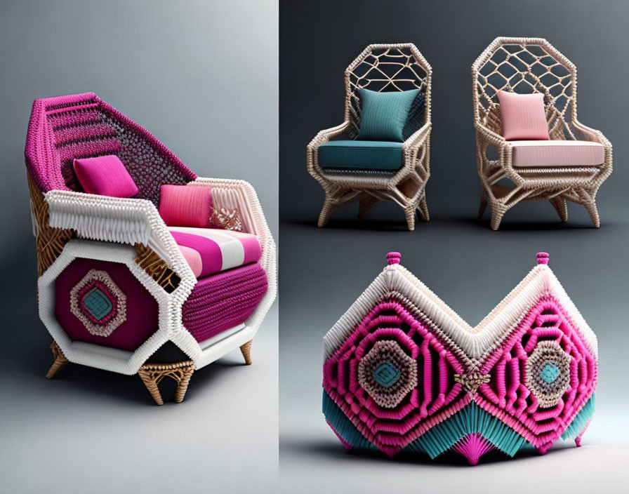 Modern Armchairs with Pink and Blue Cushions and Patterned Weaving