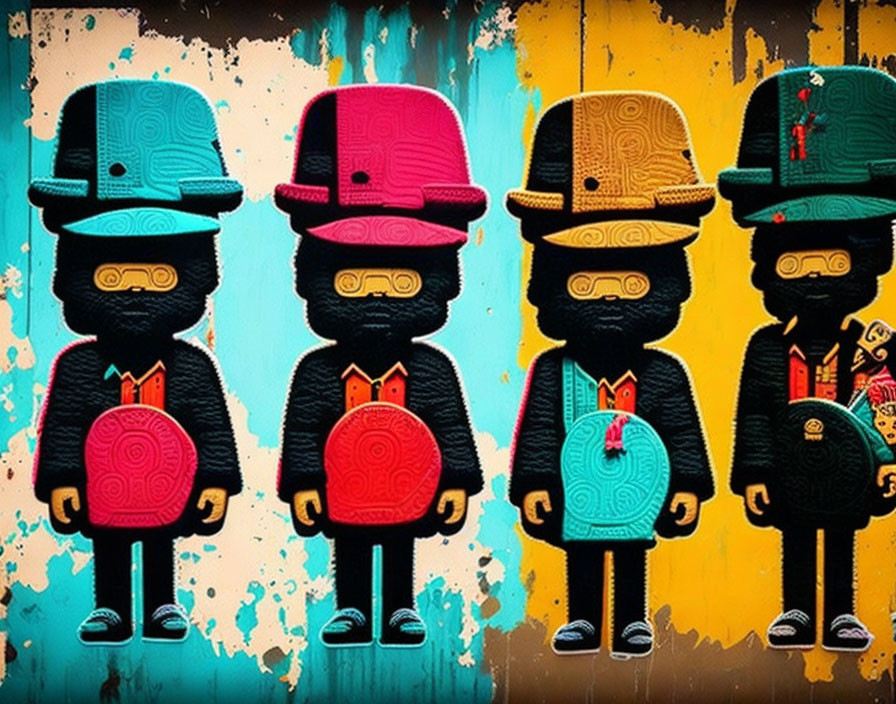 Four bearded figures in hats with colorful vinyl records against striped backdrop