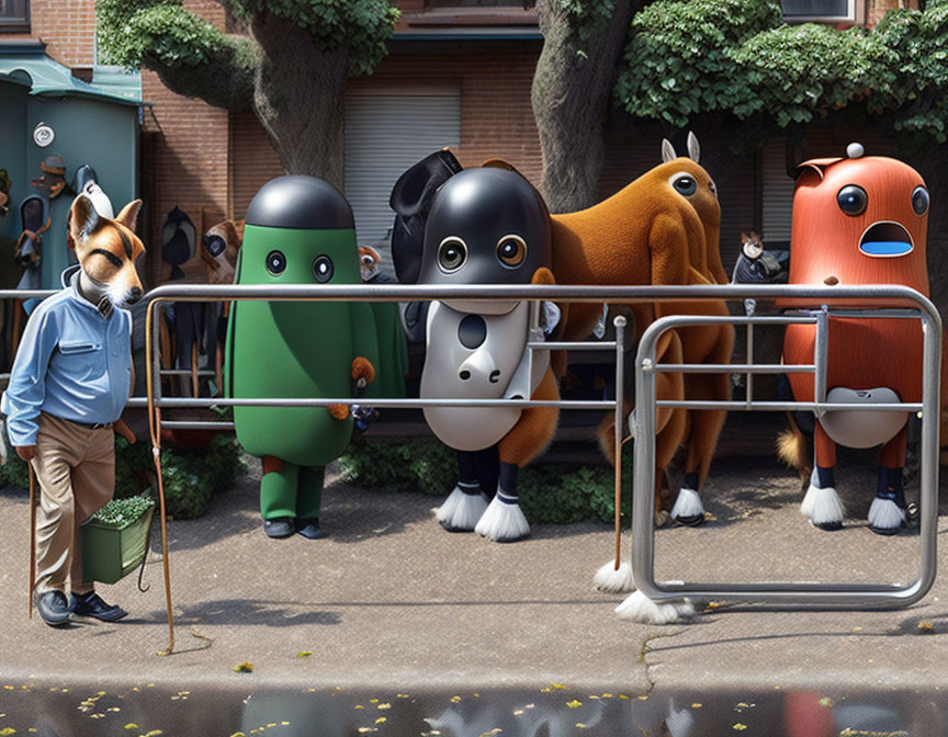 Anthropomorphic animals at bus stop: fox in blue uniform & colorful characters