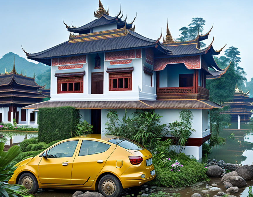 Yellow Car Parked by Traditional Asian Building with Tiered Roofs