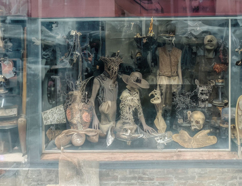 Eclectic mix of masks, figurines, and oddities in cluttered shop window