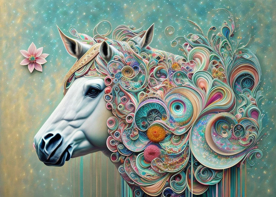 Colorful surreal horse illustration with swirl mane on blue background and pink flower