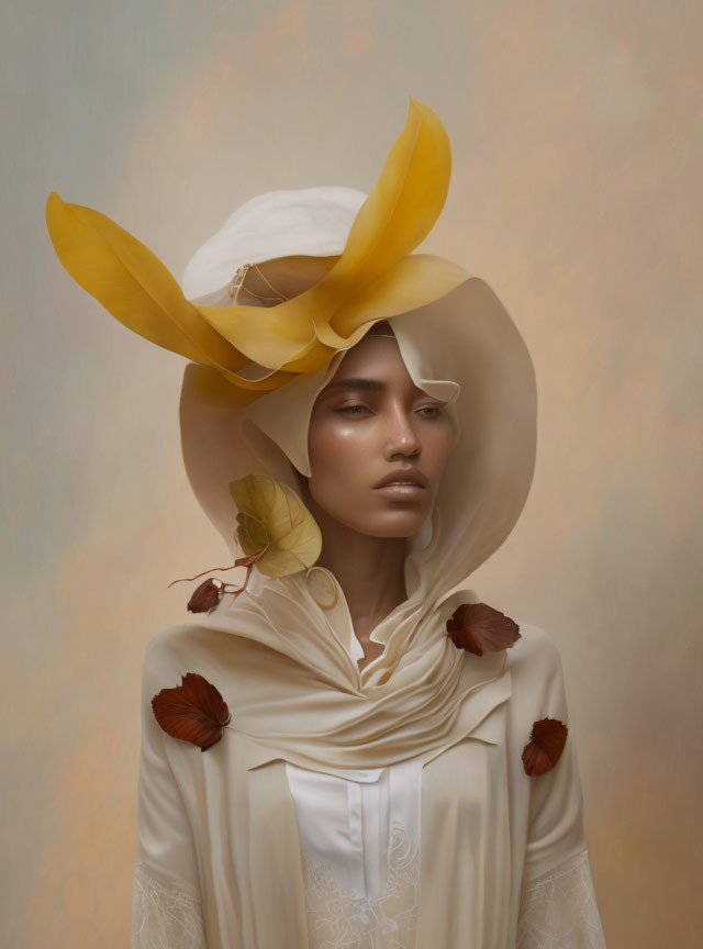 Woman in white hat with yellow petals against soft background