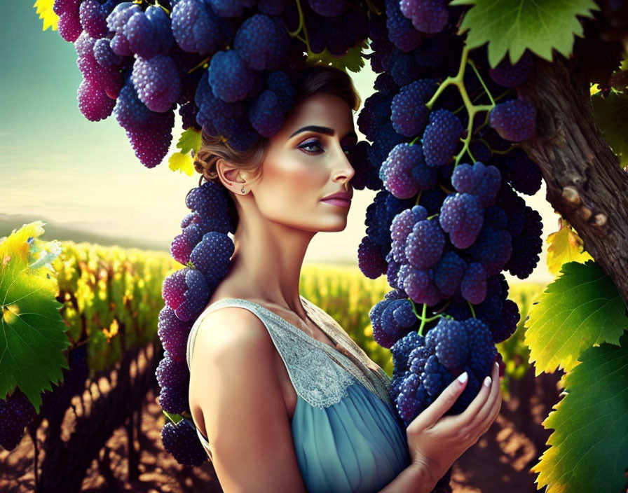 Woman holding dark grapes in vineyard setting