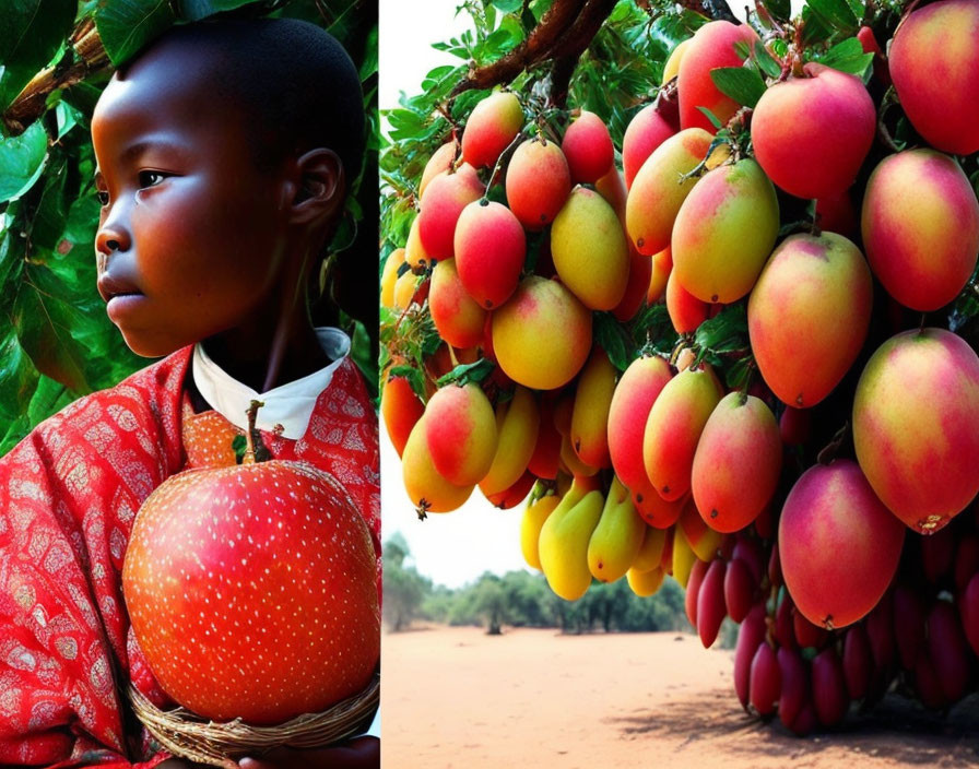 Child in red garment near mango tree; ripe mangoes on lush branches.