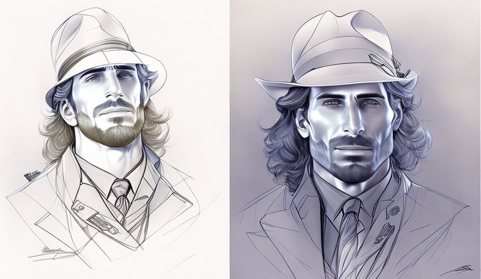 Split digital artwork: male figure in fedora and trench coat, sketched vs. polished styles