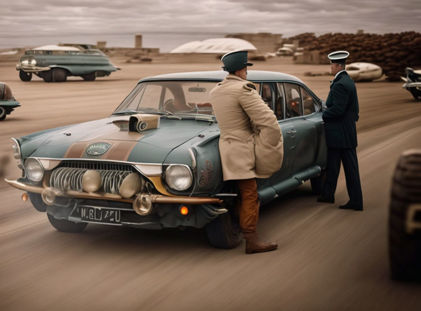 Vintage car with futuristic design and two men in uniforms in retro-futuristic setting.