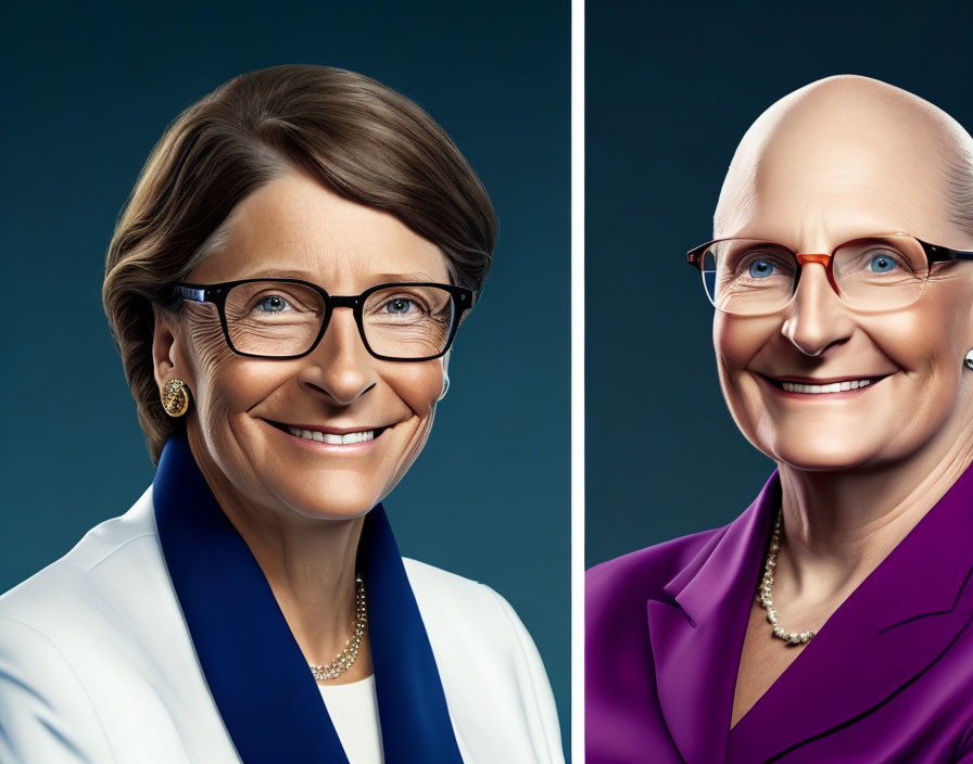 Photo-realistic digital portraits of smiling women with glasses in white and blue and purple attire against a dark