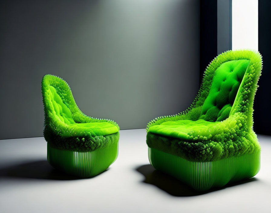 Green Grass-Textured Chairs with Button Tufting on Grey and White Background