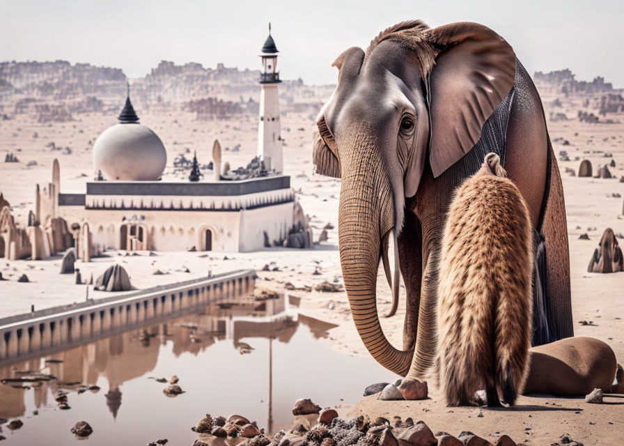 Elephant with meerkat near mosque in desert landscape