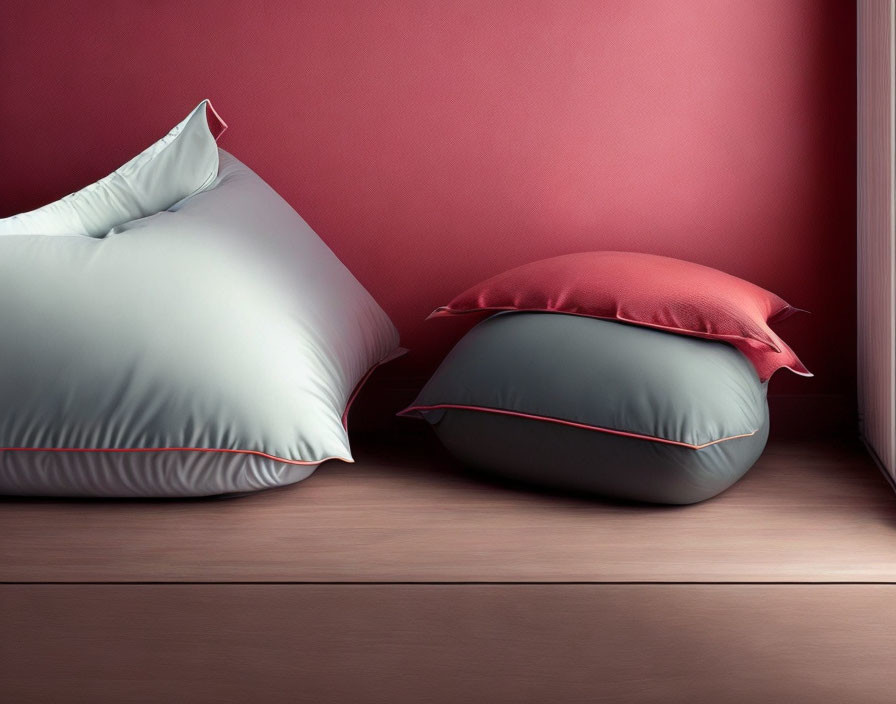 White and red pillows on wooden floor against red wall.