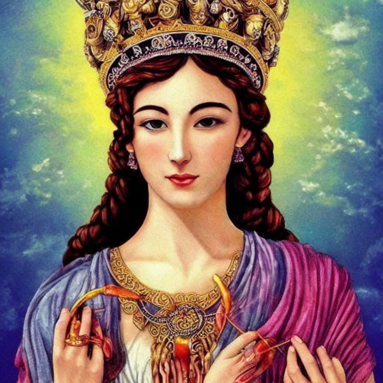 Illustration of woman with crown, braided hair, traditional attire, holding ring and jewelry