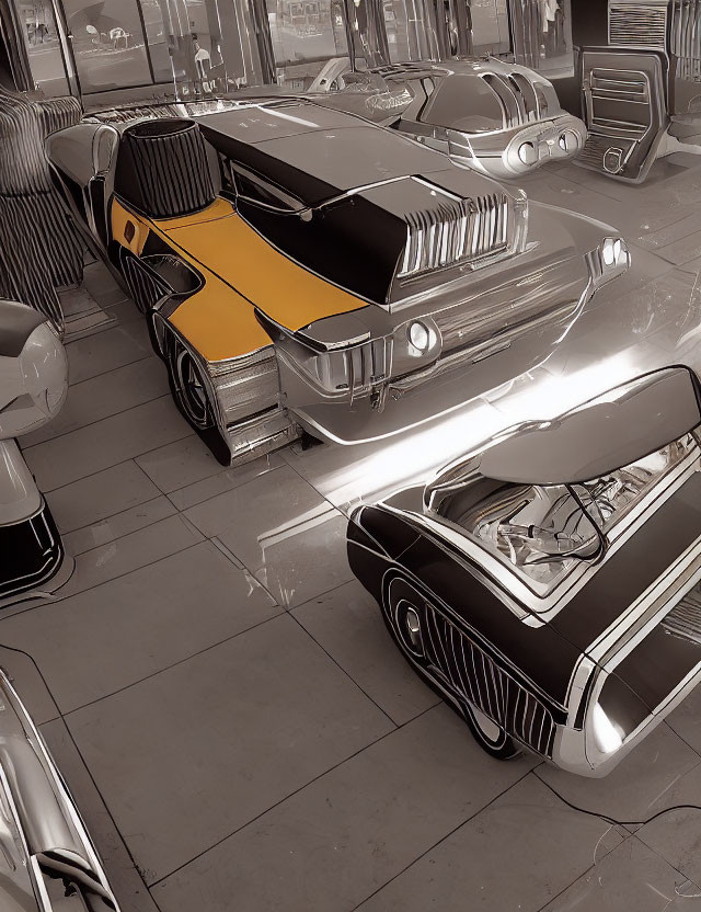 Monochromatic classic car showroom with yellow and black car.