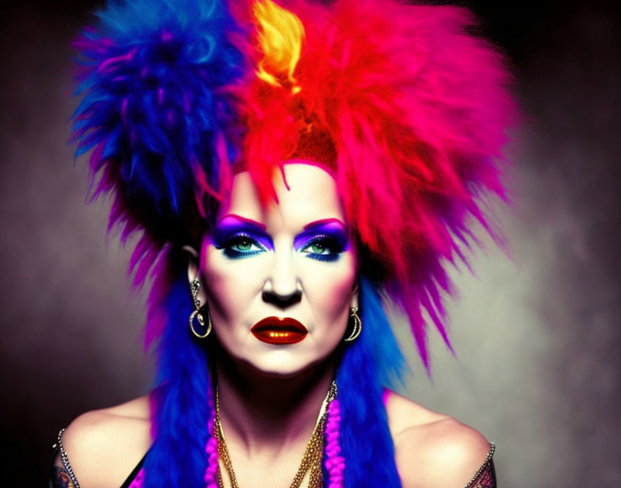 Colorful makeup and vibrant hairpiece in blue, purple, yellow, and pink