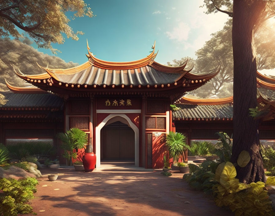 Curved rooflines and red vase in lush East Asian garden