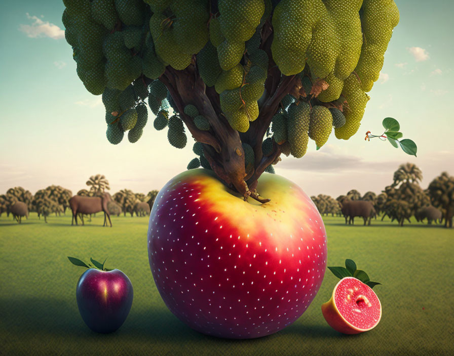 Surreal image: oversized apples on tree in grassy field