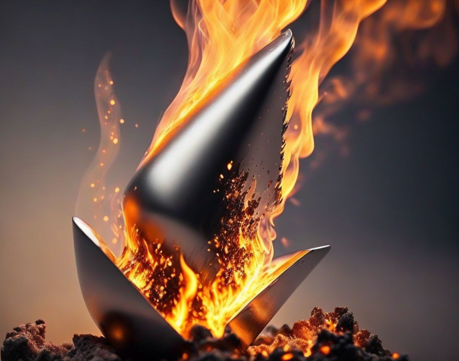 Metallic pen nib surrounded by flames and sparks