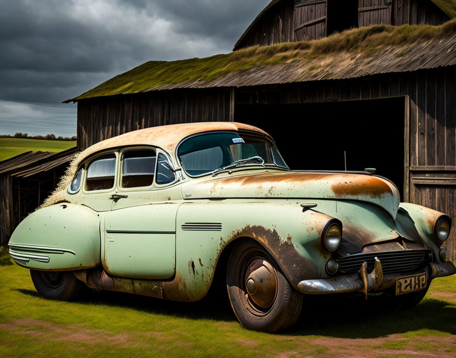 Weathered vintage car parked by rustic wooden barn under cloudy sky