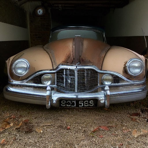 Rusted car with round headlights in dimly lit garage