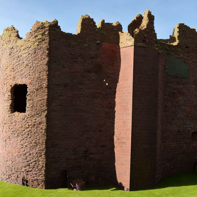 Weathered Red Brick Ancient Castle Ruin on Green Lawn