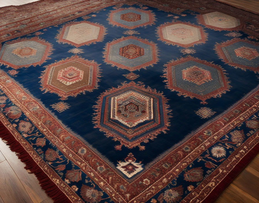 Intricate Persian rug with blue, red, and beige patterns on wooden floor