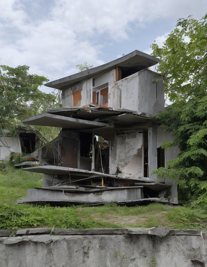 Abandoned two-story concrete building in disrepair surrounded by greenery