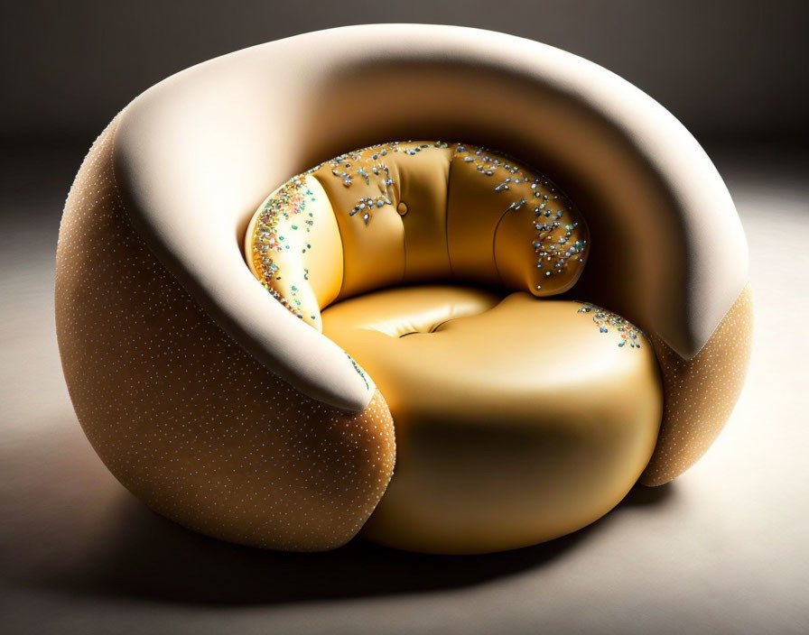 Circular Modern Chair with Tan Exterior and Colorful Beads on Yellow Seat