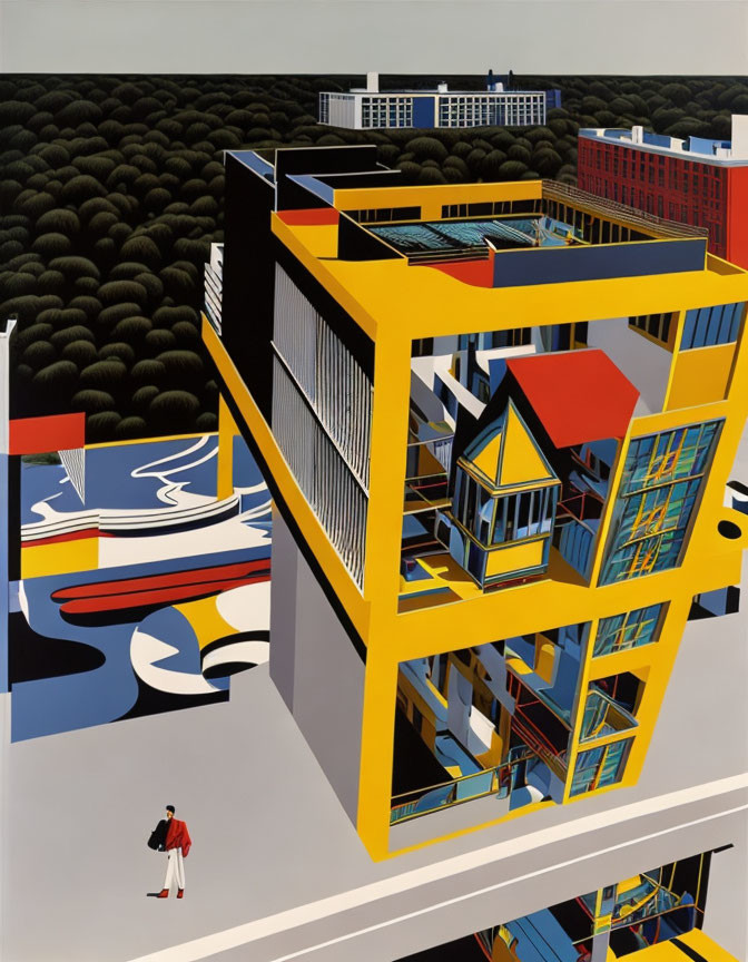 Vivid surrealist painting of distorted architecture and solitary figure