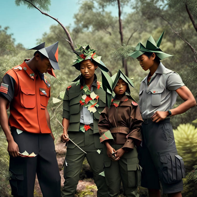 Four individuals in scout-like uniforms with paper hats and decorations having a conversation in a forest